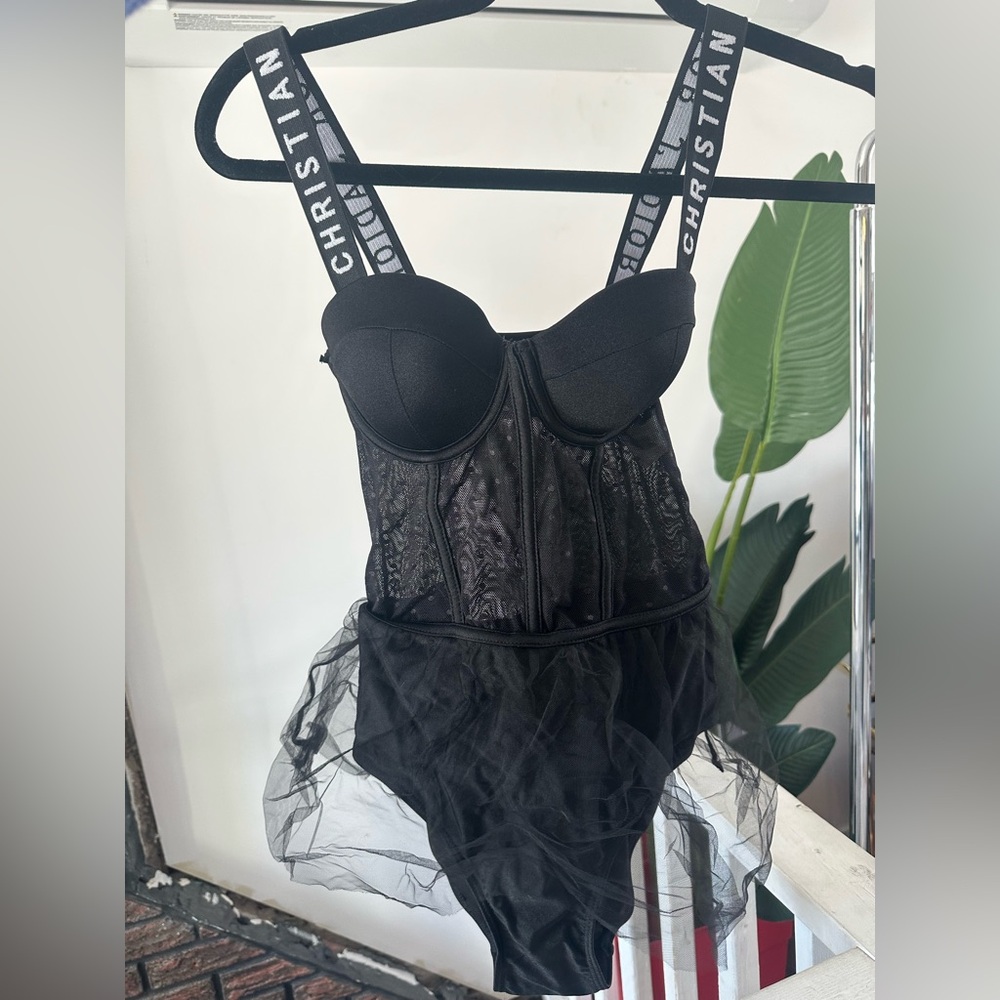 Black Lace Corset Bodysuit With Dior Logo Strap
